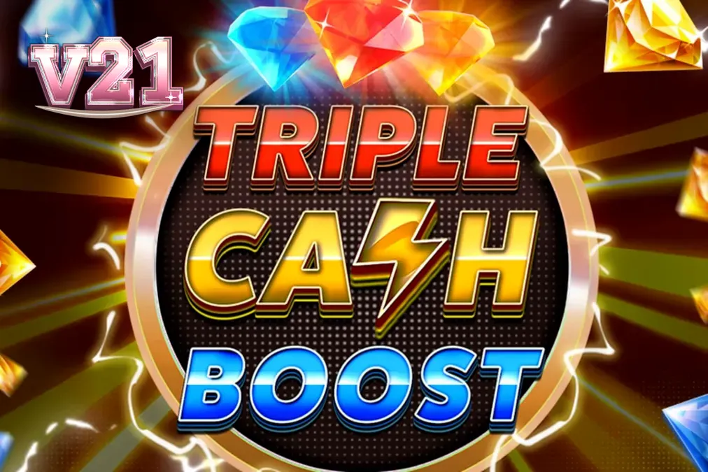 Tampilan visual neon futuristik dari slot Triple Cash Boost dengan simbol buah dan berlian.