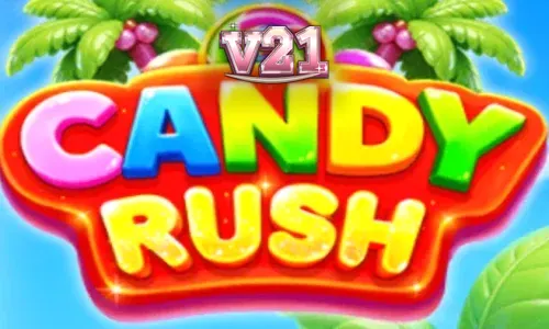 Tampilan visual cerah dan penuh warna dari mesin slot bertema permen Candy Rush.